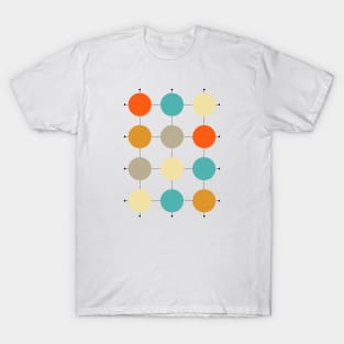 Orange Turquoise Cream Tan Circles on Grid T-Shirt